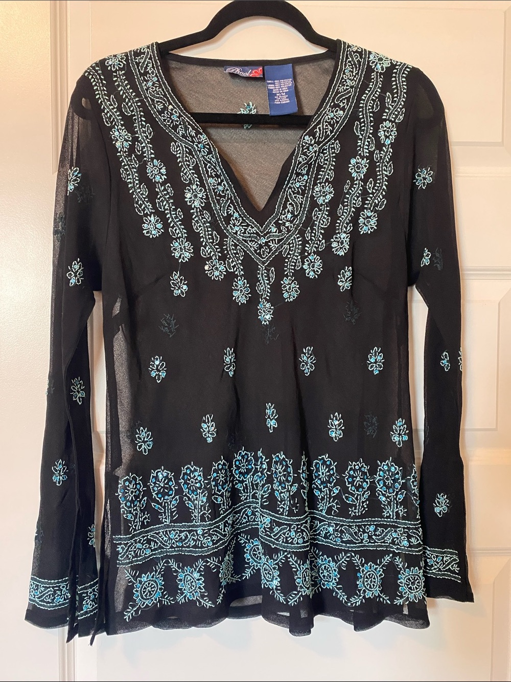 90s y2k Sheer Black Longsleeve with sequins and Teal Embroidery